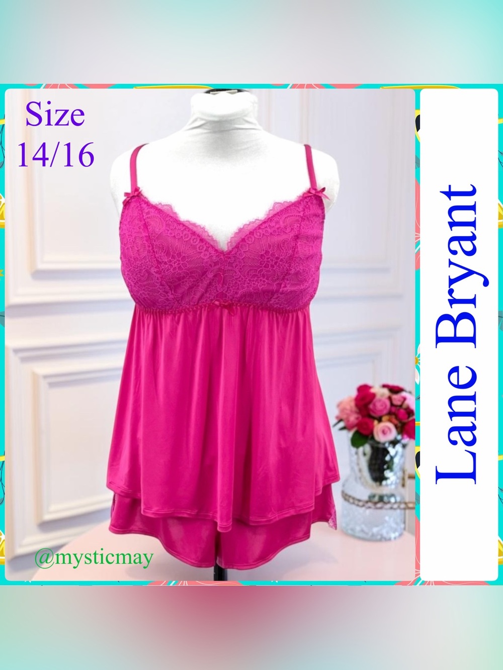 NEW Cacique LANE BRYANT Hot Pink Lace Babydoll Nightie w Panties Set Size 14/16